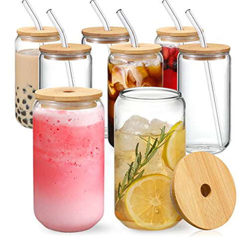 Glass Cup Set with Bamboo Lid & Straw – 8 Pcs