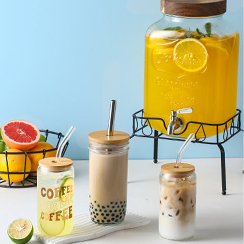 Glass Cup Set with Bamboo Lid & Straw – 8 Pcs