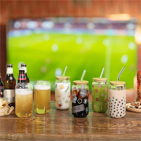 Glass Cup Set with Bamboo Lid & Straw – 8 Pcs