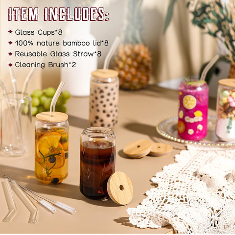 Glass Cup Set with Bamboo Lid & Straw – 8 Pcs