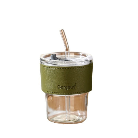 Luxe Glass Tumbler with Leather Grip & Straw – Elegant & Eco-Friendly