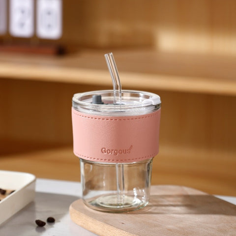 Luxe Glass Tumbler with Leather Grip & Straw – Elegant & Eco-Friendly