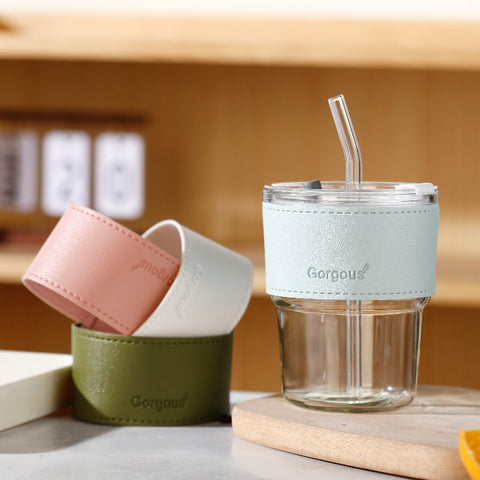 Luxe Glass Tumbler with Leather Grip & Straw – Elegant & Eco-Friendly