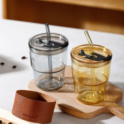 Luxe Glass Tumbler with Leather Grip & Straw – Elegant & Eco-Friendly