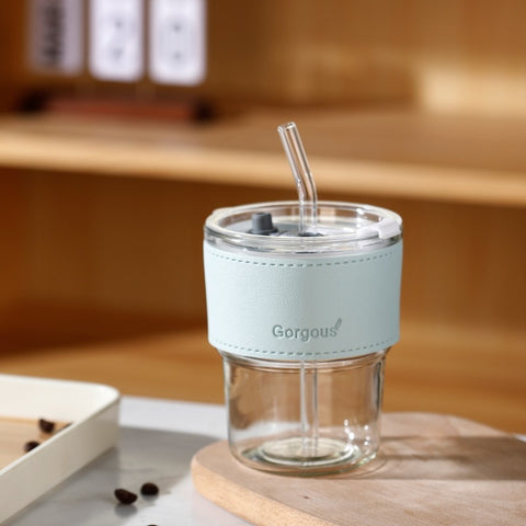 Luxe Glass Tumbler with Leather Grip & Straw – Elegant & Eco-Friendly