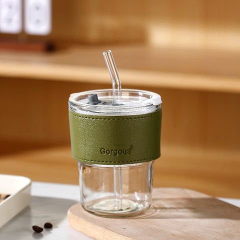 Luxe Glass Tumbler with Leather Grip & Straw – Elegant & Eco-Friendly