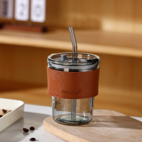 Luxe Glass Tumbler with Leather Grip & Straw – Elegant & Eco-Friendly
