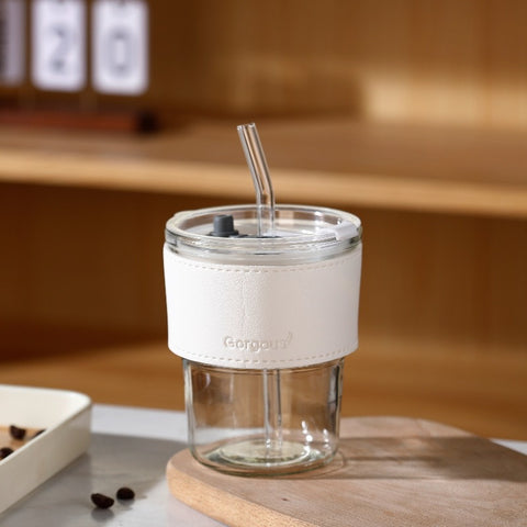 Luxe Glass Tumbler with Leather Grip & Straw – Elegant & Eco-Friendly