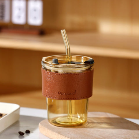 Luxe Glass Tumbler with Leather Grip & Straw – Elegant & Eco-Friendly