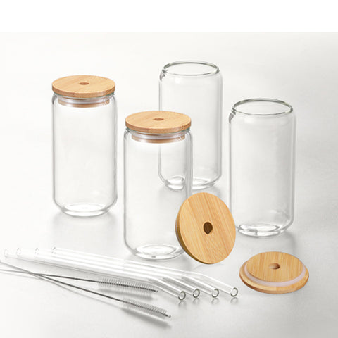 Glass Cup Set with Bamboo Lid & Straw – 8 Pcs