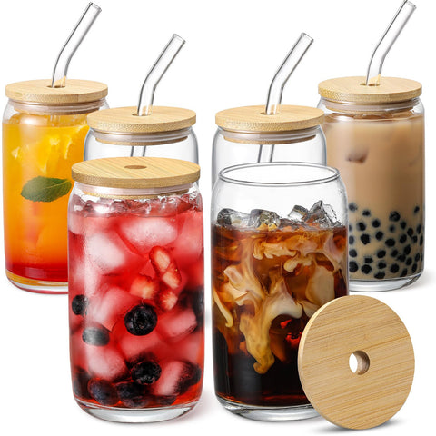 Glass Cup Set with Bamboo Lid & Straw – 8 Pcs