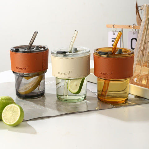 Luxe Glass Tumbler with Leather Grip & Straw – Elegant & Eco-Friendly
