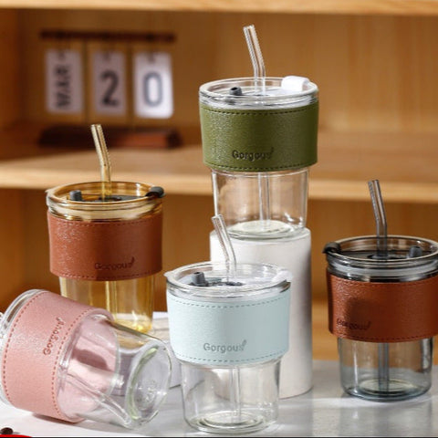 Luxe Glass Tumbler with Leather Grip & Straw – Elegant & Eco-Friendly