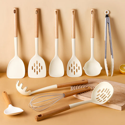 New Silicone Wooden Handle Spatula Soup Spoon Non-stick Kitchen Tools High Temperature Resistant Cooking Spatula Spoon Set Household Kitchenware